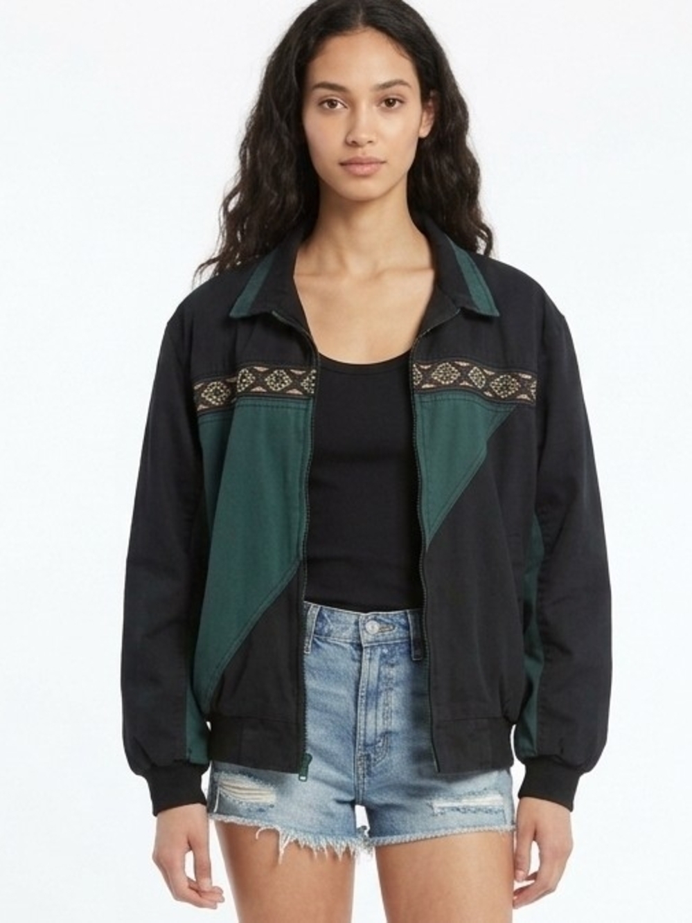 Vintage 90's Southwestern Abstract Banded Zip-Front Jacket In Forest Green/Black
